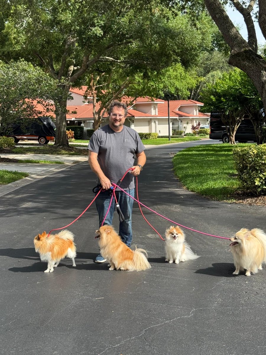 Emerson conduzindo quatro cães na mesma caminhada